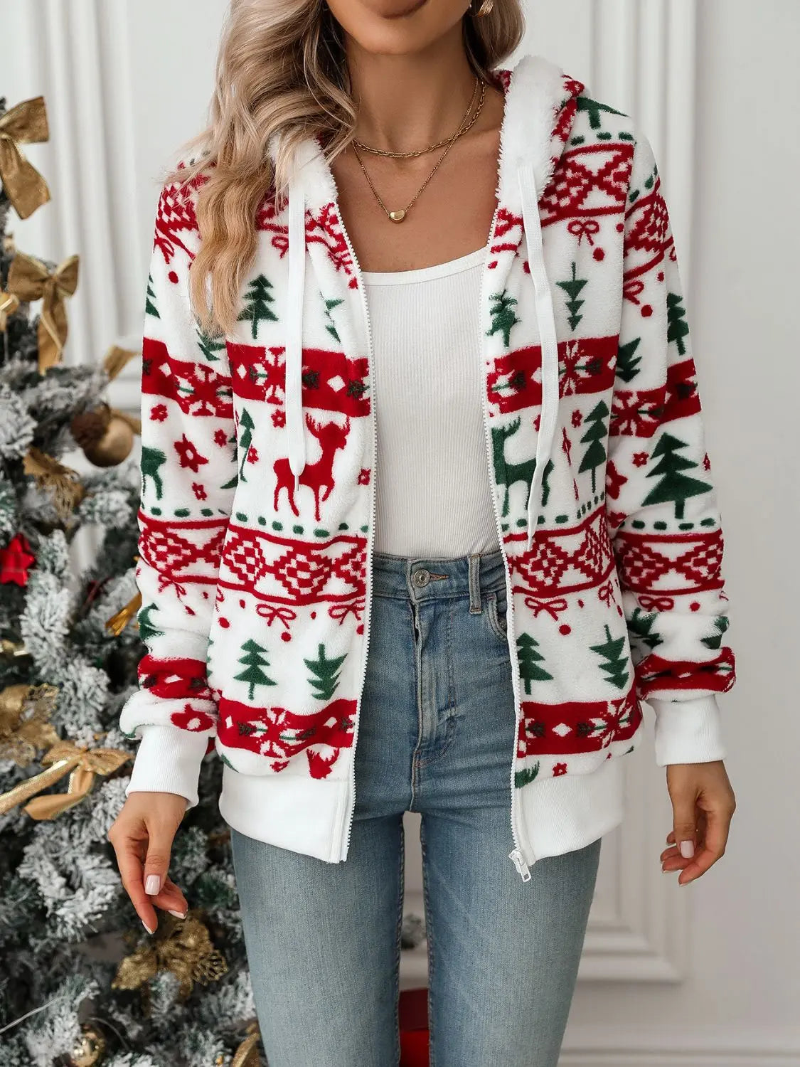 Weihnachts-Kapuzenjacke mit Reh- und Tannenbaum-Design für Damen