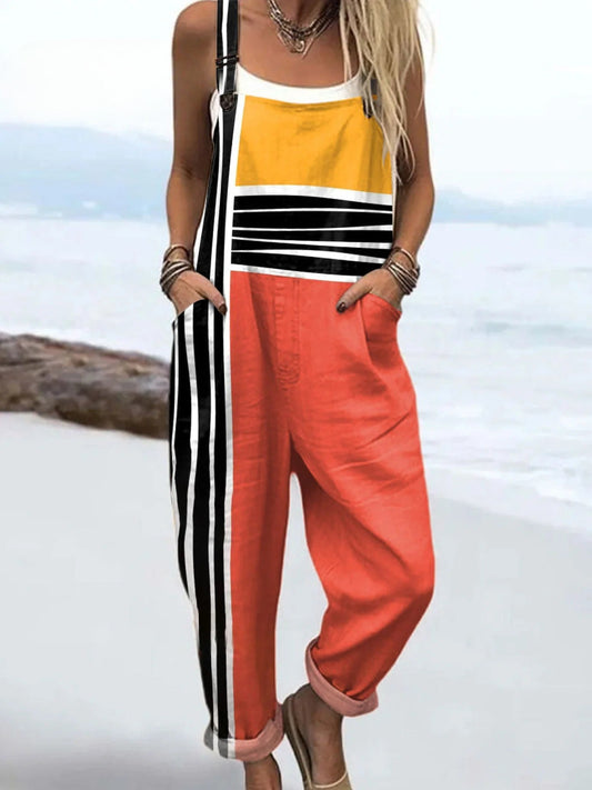Women's Color Block Striped Jumpsuit with Pockets – Loose Fit Casual Summer Overalls