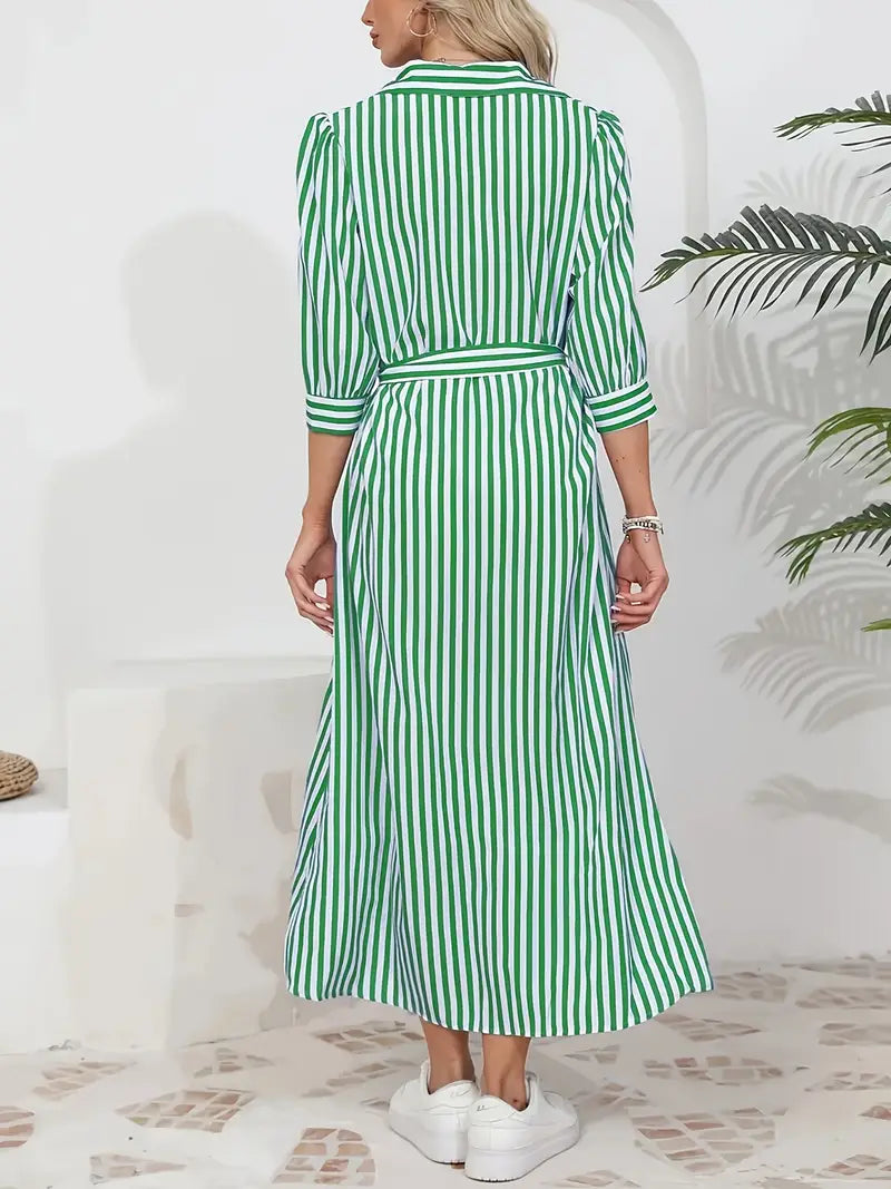 Women’s Striped Belted Button Down Elegant Shirt Midi Dress