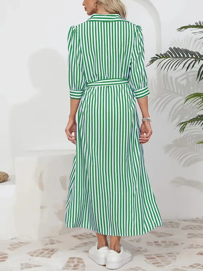 Women’s Striped Belted Button Down Elegant Shirt Midi Dress