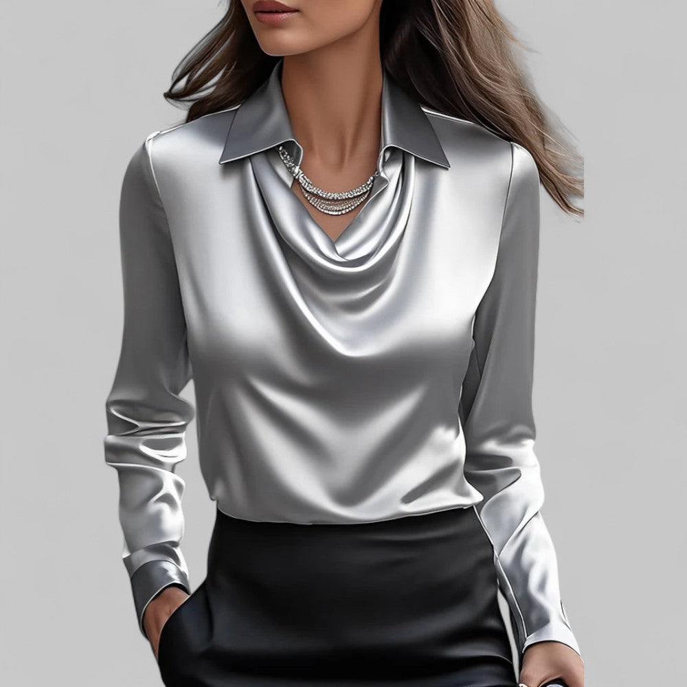 Women’s Draped Neck Long Sleeve Blouse with Satin-Like Finish