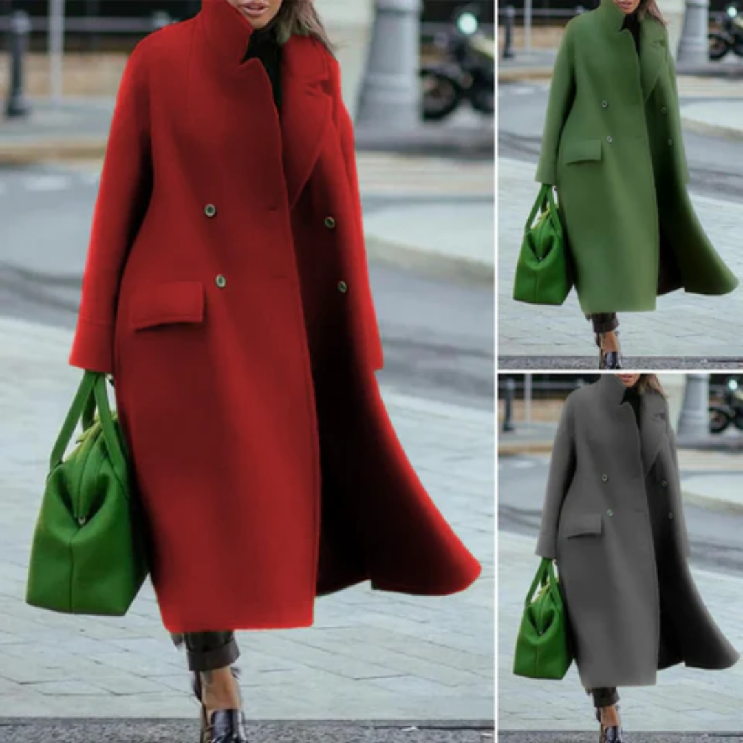 Doppelt-knöpfiger Langer Mantel Mit Hohem Kragen Für Damen