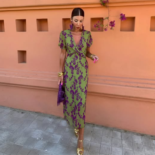Women's Floral Midi Dress with Wrap V-Neck and Short Sleeves