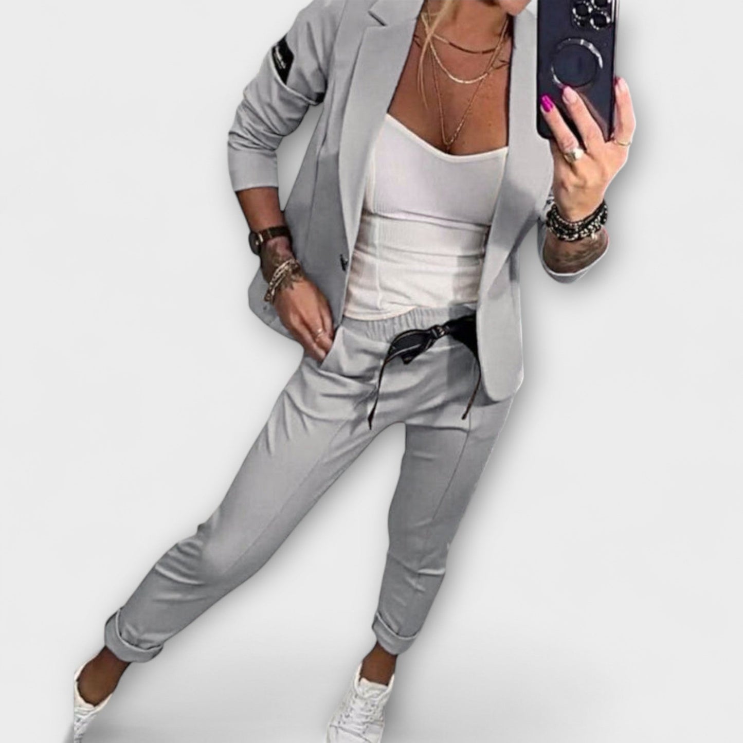 Women's Three Piece Suit Set with Blazer Top and Jogger Pants Casual Chic