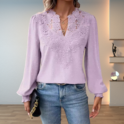 Women's Elegant Lace V-Neck Blouse Slim Fit Long Sleeve Casual Chic Top