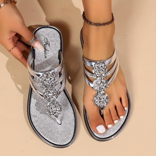 Women’s Rhinestone Toe Post Sandals with Elegant Strap Design