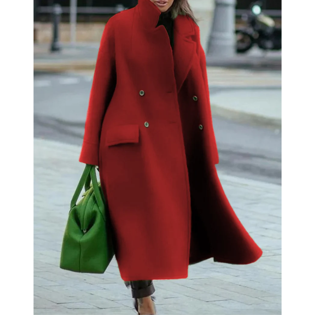 Doppelt-knöpfiger Langer Mantel Mit Hohem Kragen Für Damen