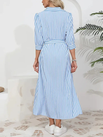 Women’s Striped Belted Button Down Elegant Shirt Midi Dress