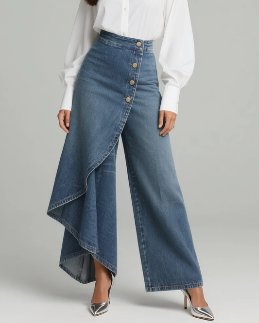 Women's High Waist Wide Leg Denim Pants Stylish Wrap Design Jeans