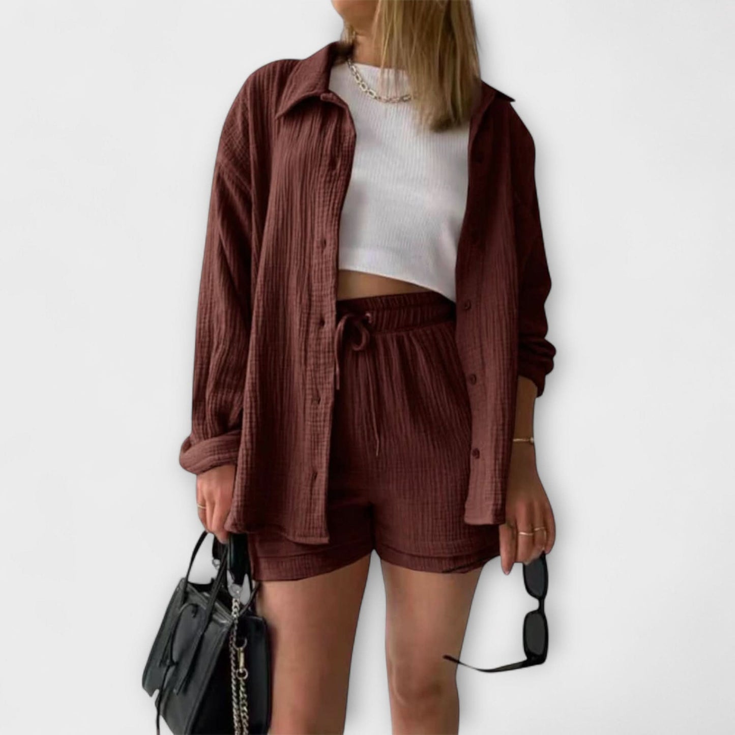 Women's Casual Two Piece Summer Set Shirt and Shorts Relaxed Fit Outfit