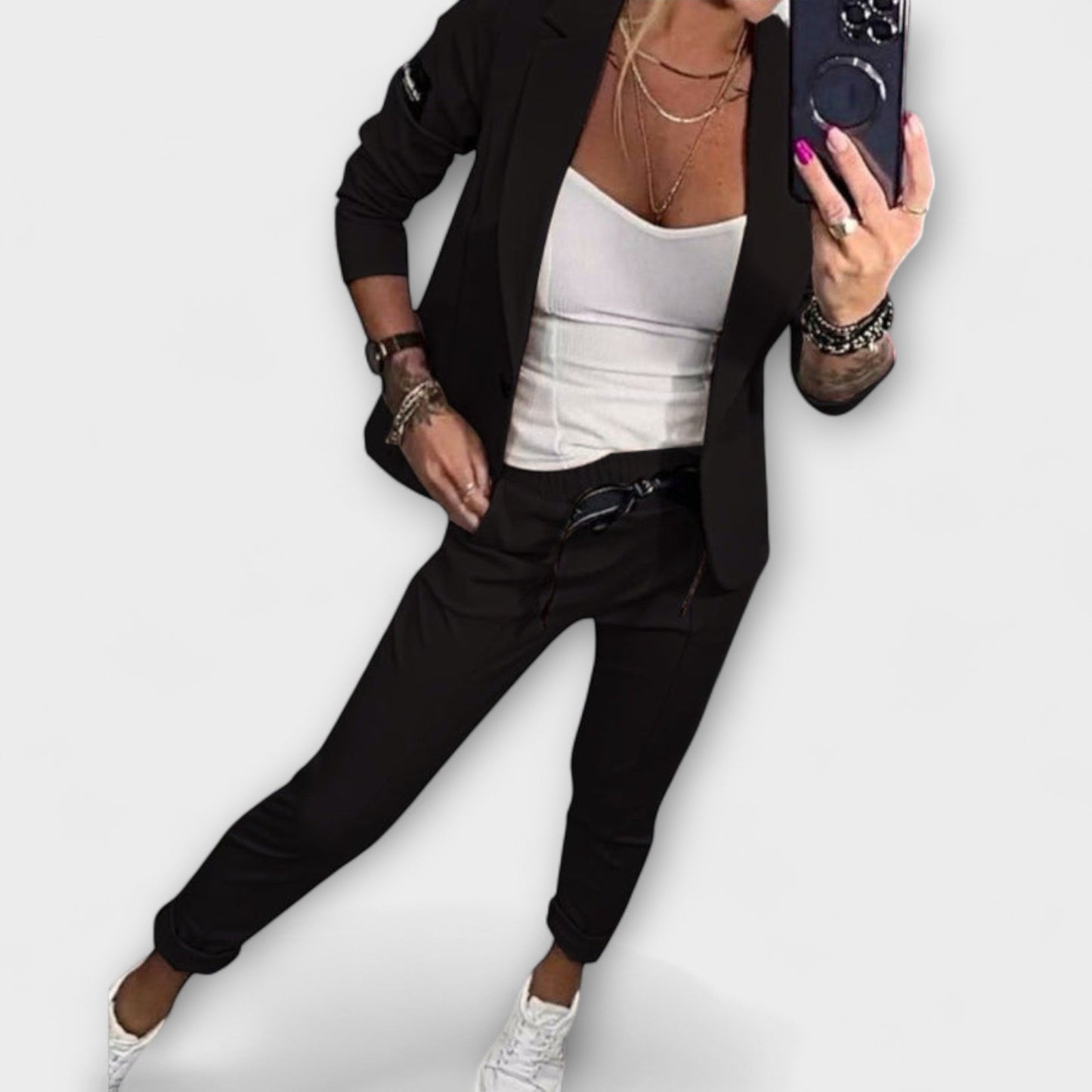 Women's Three Piece Suit Set with Blazer Top and Jogger Pants Casual Chic