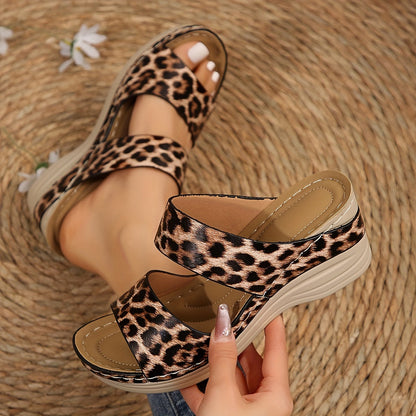 Women's Leopard Print Wedge Slide Sandals with Cushioned Insole