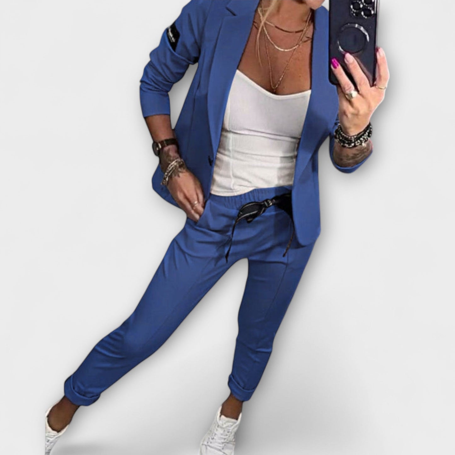 Women's Three Piece Suit Set with Blazer Top and Jogger Pants Casual Chic