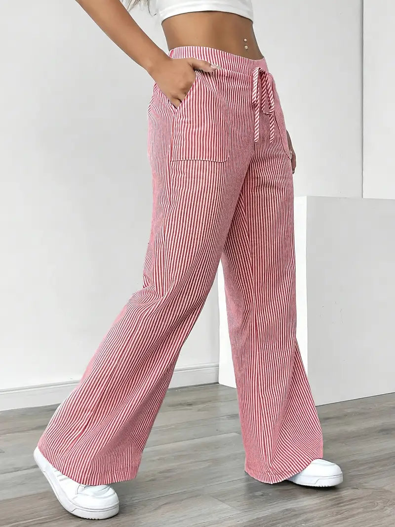 Women’s Wide Leg Striped Pants with Elastic Waist and Drawstring