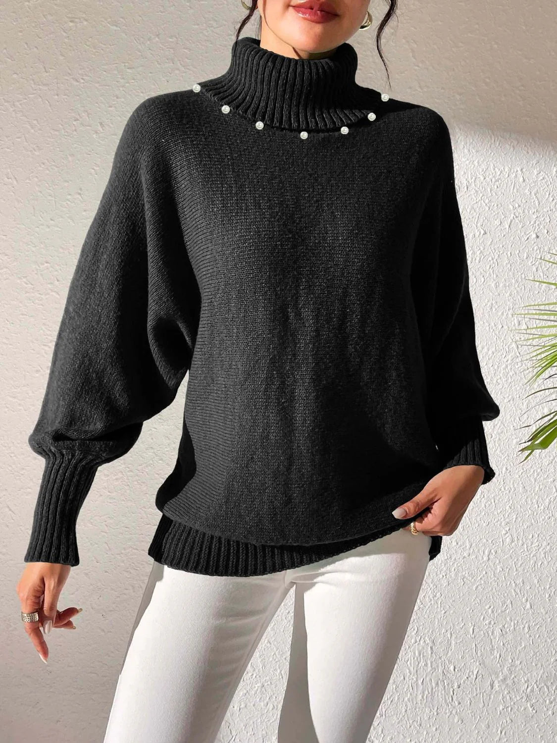 Rollkragen Winterpullover mit Perlendetails Damen