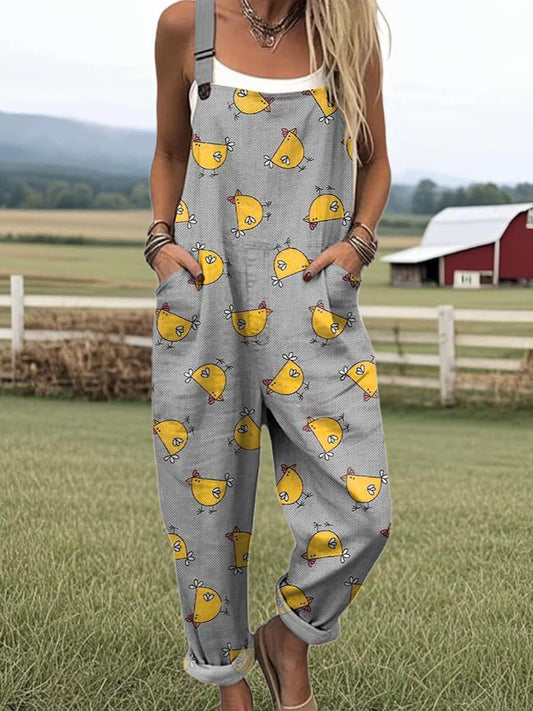 Women's Green Print Casual Jumpsuit with Pockets – Loose Fit Summer Overalls