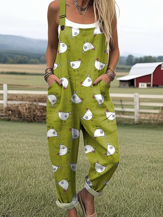 Women's Green Print Casual Jumpsuit with Pockets – Loose Fit Summer Overalls