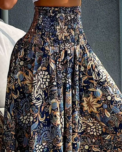 Women’s Floral Pleated Midi Skirt with Elastic Waist and Flowing Fit