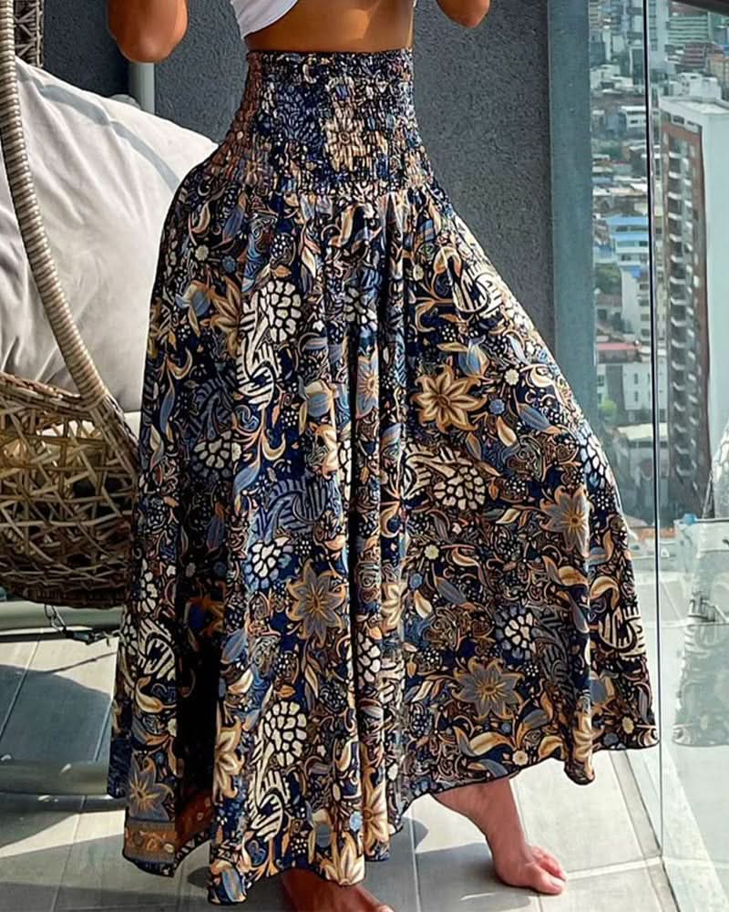 Women’s Floral Pleated Midi Skirt with Elastic Waist and Flowing Fit