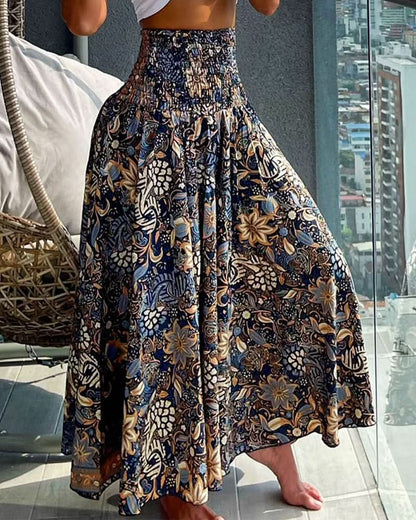 Women’s Floral Pleated Midi Skirt with Elastic Waist and Flowing Fit