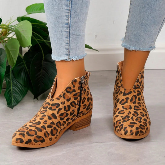 Women’s Leopard Print Ankle Boots with Side Zipper and Low Heel