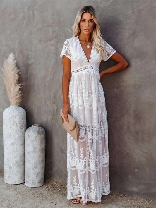 Women’s Lace V Neck Empire Waist Elegant Maxi Dress