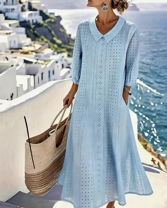 Women's Button Front Eyelet Midi Dress with 3/4 Sleeves