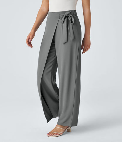 Women’s High Waist Wrap Pants with Wide Leg and Side Slit