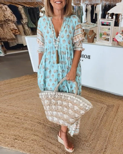 Women's Printed V-Neck Midi Dress with Relaxed Fit