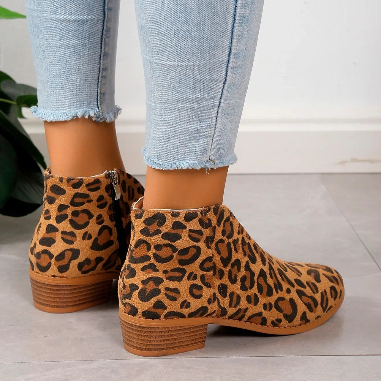 Women’s Leopard Print Ankle Boots with Side Zipper and Low Heel