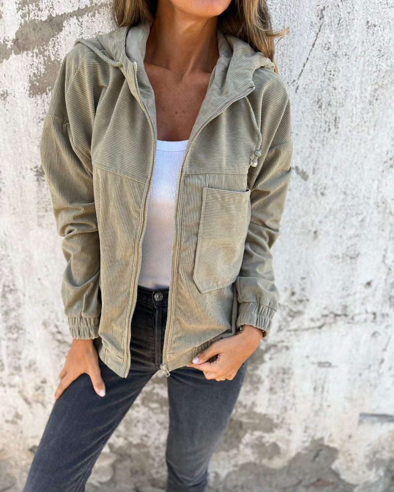 Women's Corduroy Jacket with Zip Front and Hood