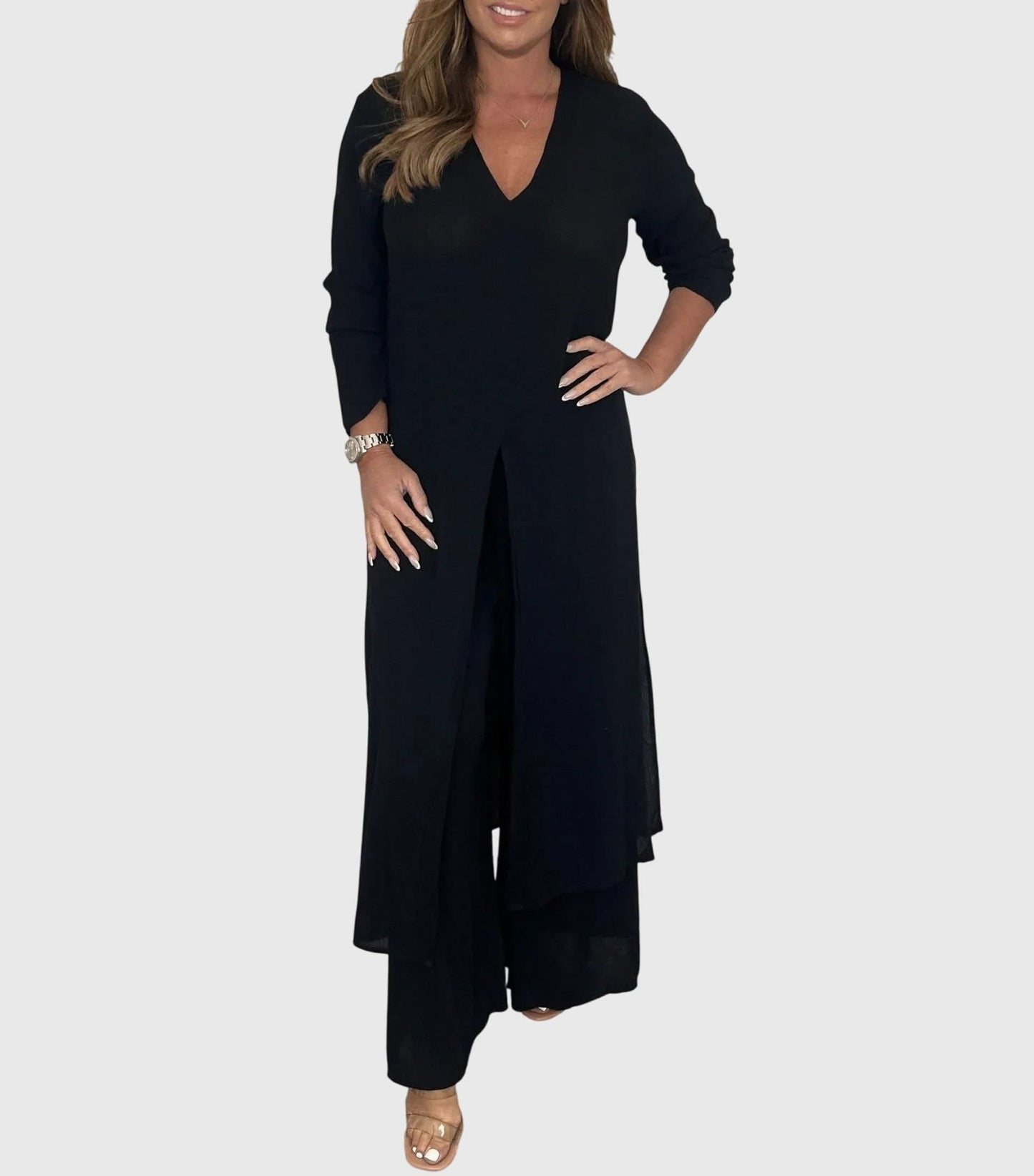Women's Elegant Two Piece Set Long Top and Wide Leg Pants Outfit