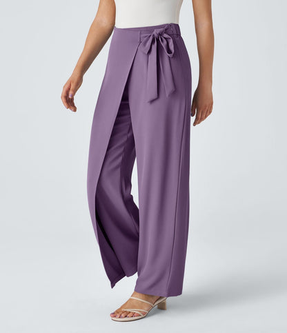Women’s High Waist Wrap Pants with Wide Leg and Side Slit