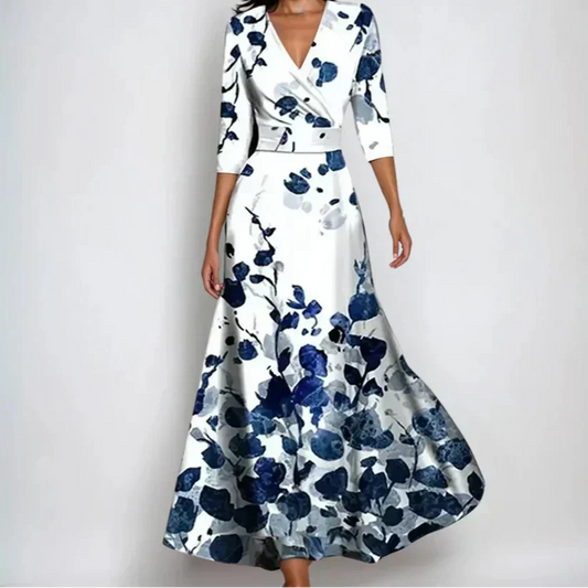 Women’s Floral Wrap V Neck Elegant Flowing Maxi Dress