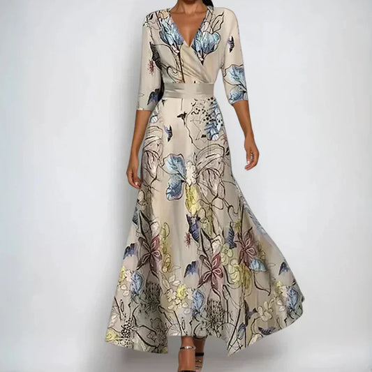 Women’s Floral Wrap V Neck Elegant Flowing Maxi Dress