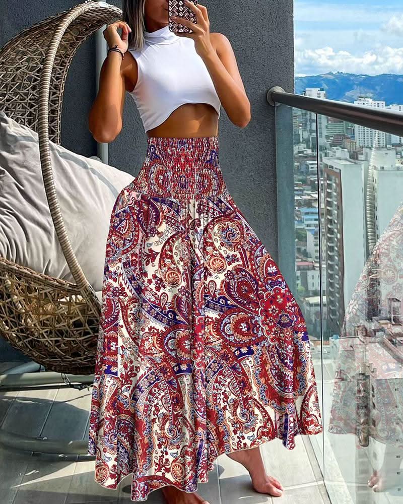 Women’s Floral Pleated Midi Skirt with Elastic Waist and Flowing Fit