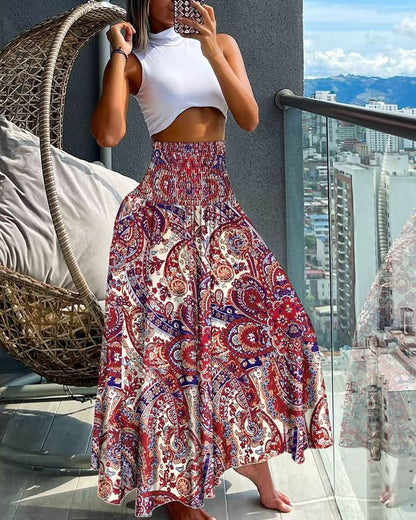 Women’s Floral Pleated Midi Skirt with Elastic Waist and Flowing Fit