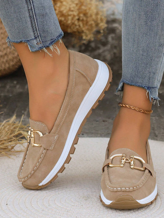Women’s Slip-On Loafers with Flat Wedge and Buckle Detail