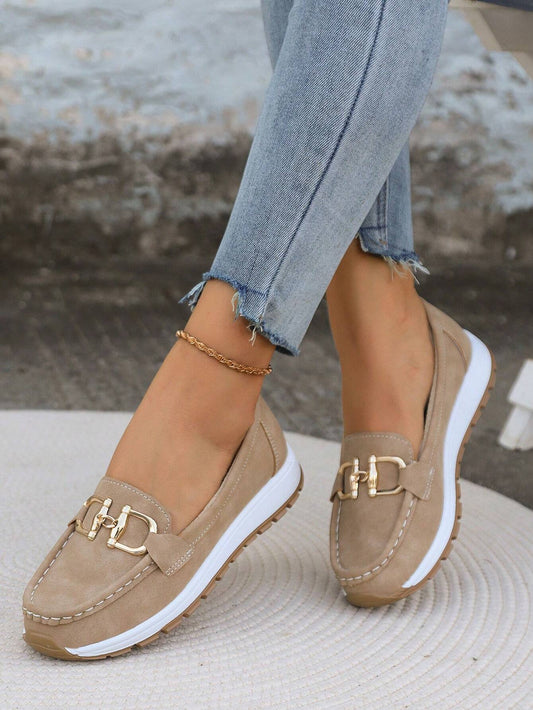 Women’s Slip-On Loafers with Flat Wedge and Buckle Detail