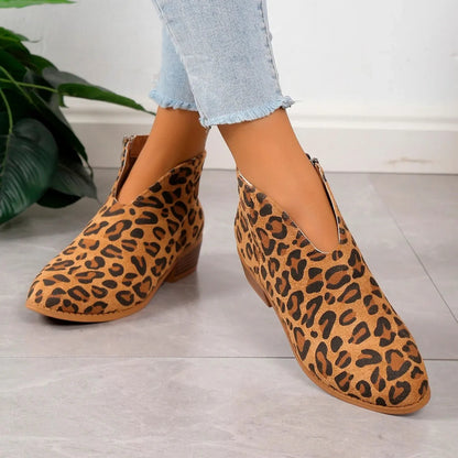 Women’s Leopard Print Ankle Boots with Side Zipper and Low Heel