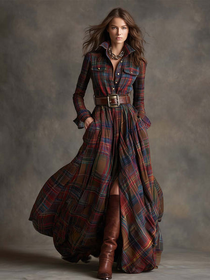 Women’s Plaid Maxi Dress with Button Front and Belted Waist