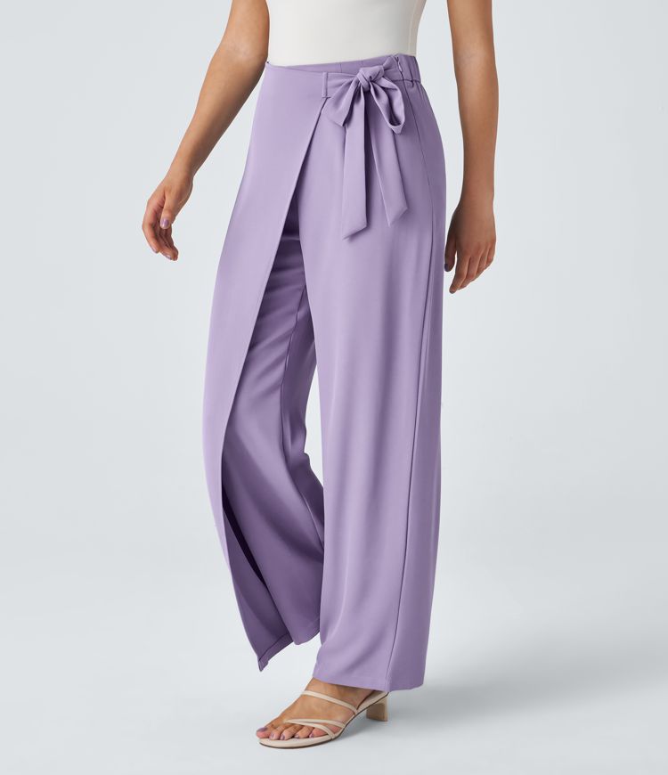 Women’s High Waist Wrap Pants with Wide Leg and Side Slit
