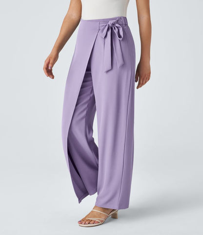 Women’s High Waist Wrap Pants with Wide Leg and Side Slit