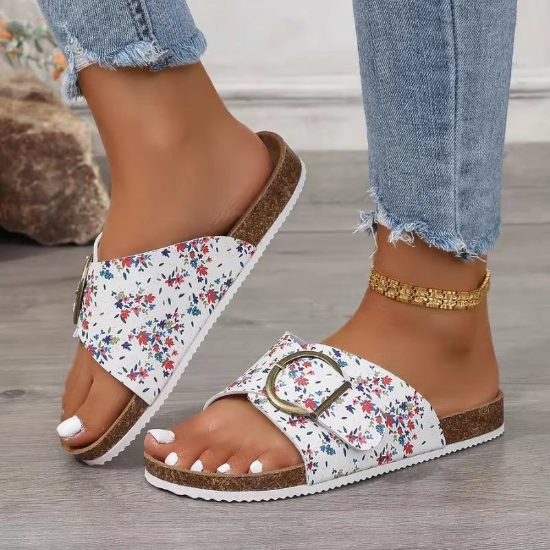 Women’s Cork Footbed Slide Sandals with Buckle Strap and Cross Design