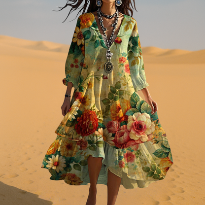 Women’s Vintage Boho Floral V Neck Relaxed Fit Midi Dress