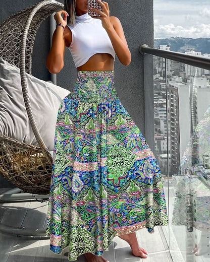 Women’s Floral Pleated Midi Skirt with Elastic Waist and Flowing Fit