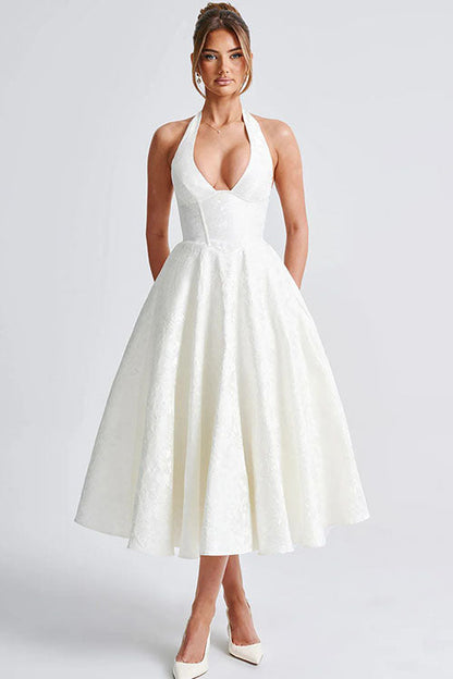 Genevieve™ | V-Neck Halterneck Sleeveless Jacquard Maxi Dress