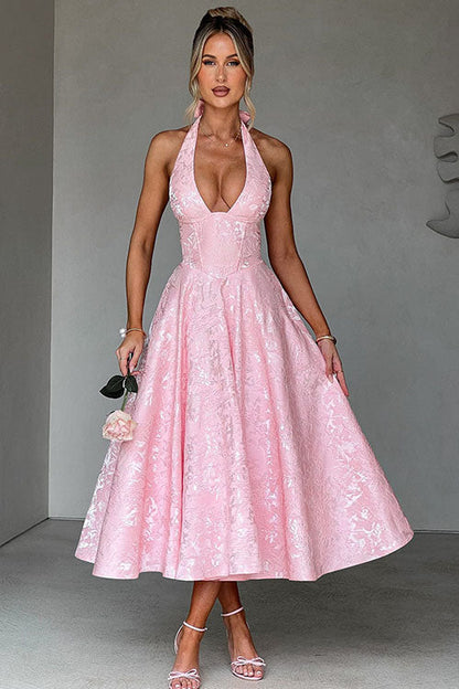 Genevieve™ | V-Neck Halterneck Sleeveless Jacquard Maxi Dress