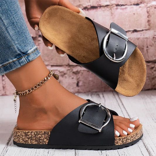 Women’s Cork Footbed Slide Sandals with Buckle Strap and Cross Design
