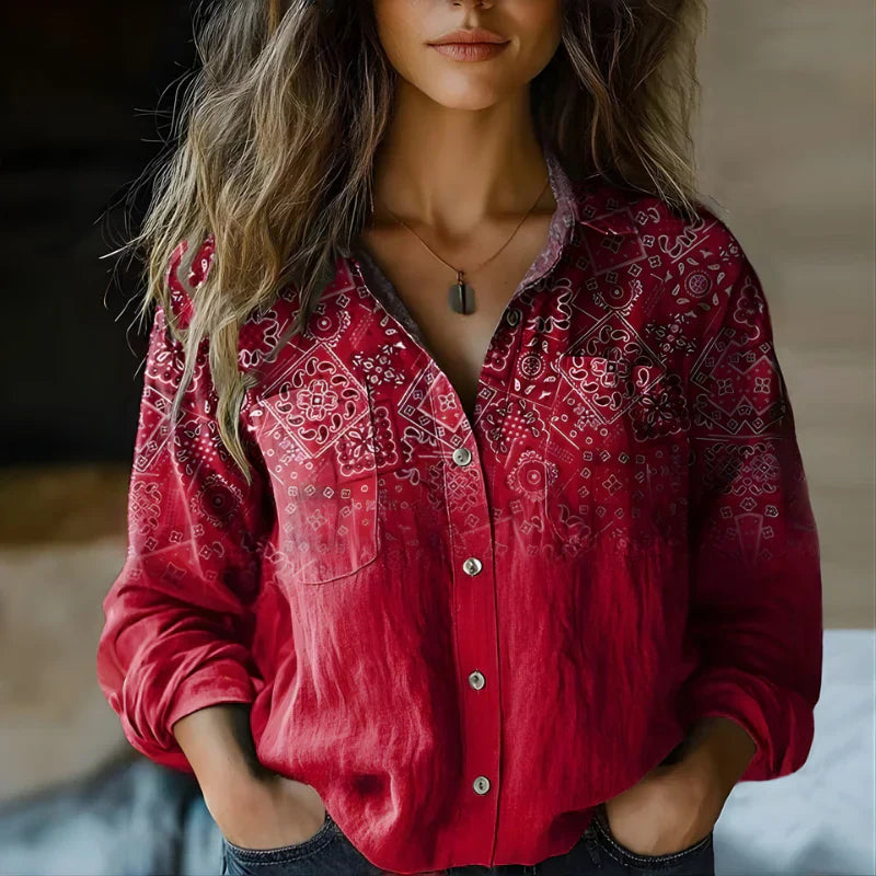 Women's Vintage Print Button Up Blouse with Relaxed Fit
